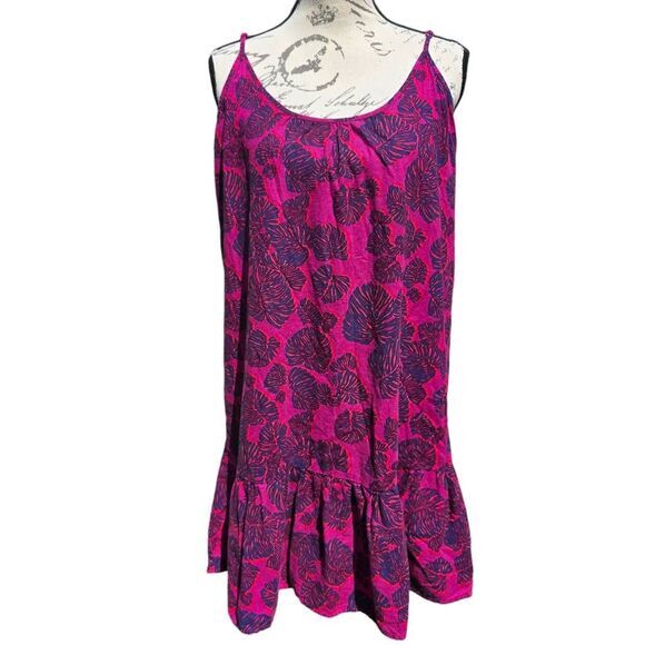Loft Linen Blend Dress Fuchsia Leaf Print Ruffle Hem Medium - Picture 1 of 9